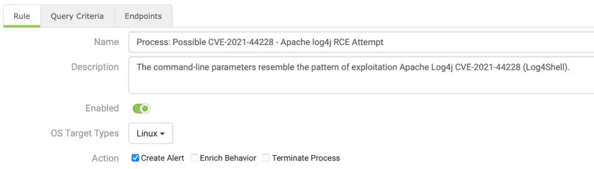 Custom endpoint detection logic to detect and alert on exploitation attempts. Process: Possible CVE-2021-44228 – Apache log4j RCE Attempt