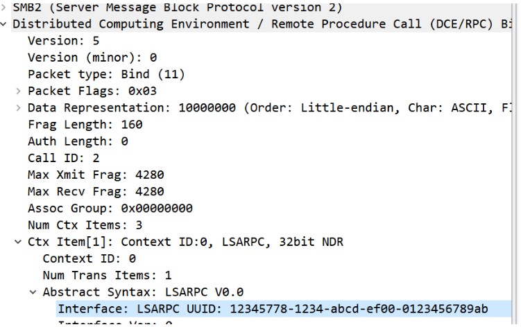 DCE/RPC bind request for LSARPC interface