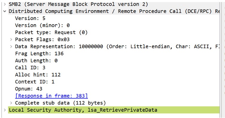 LSARPC packet with LsaRetrievePrivateData API request