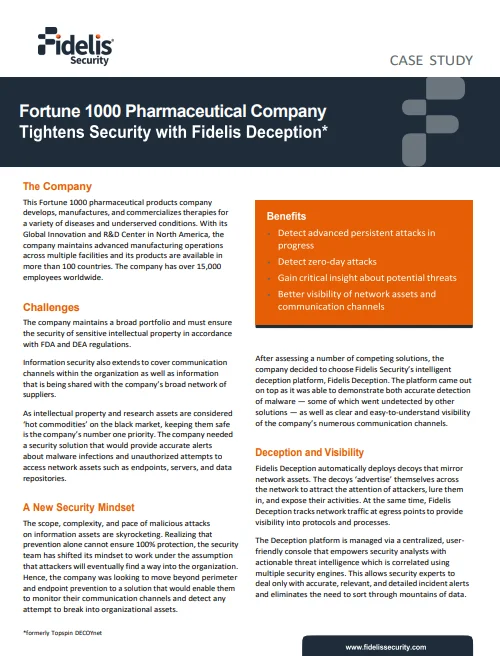 Fortune 1000 Pharmaceutical Company Case Study - Fidelis Security