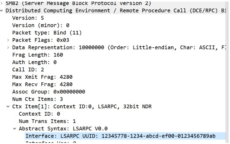 DCE/RPC bind request for LSARPC interface