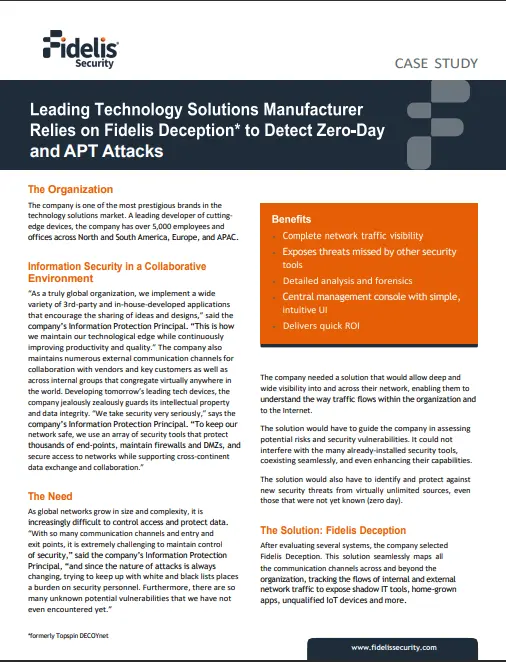 Leading Manufacturer company Cybersecurity case study with Fidelis Security